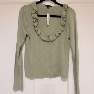 J. Crew Sage Green Ruffle-Trim Ribbed Cardigan